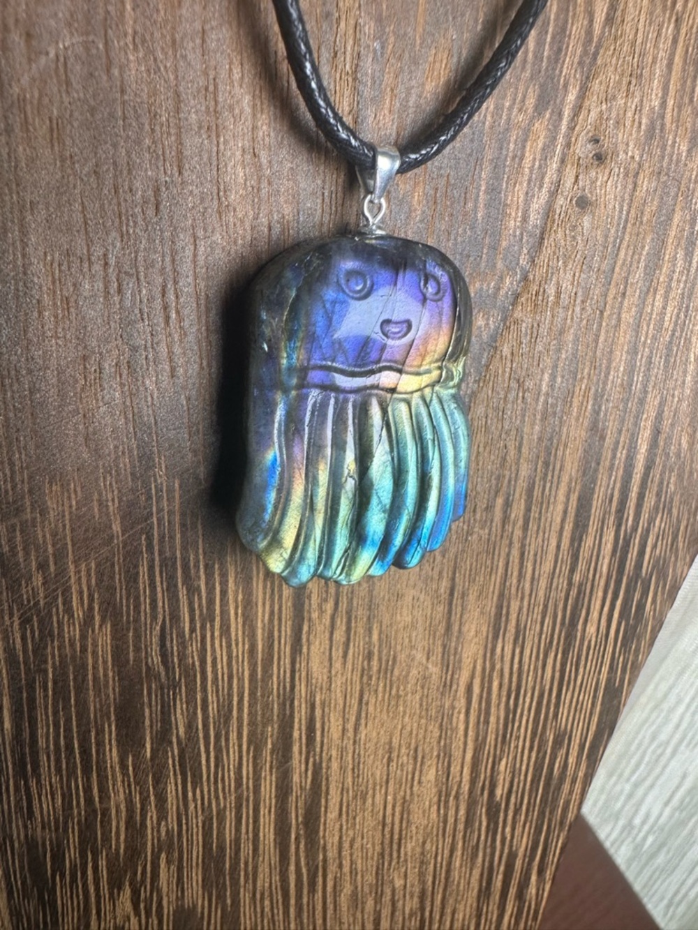 Rainbow Labradorite Jellyfish Pendant Necklace on Sterling Silver Bail and Chain - Picture 4 of 12